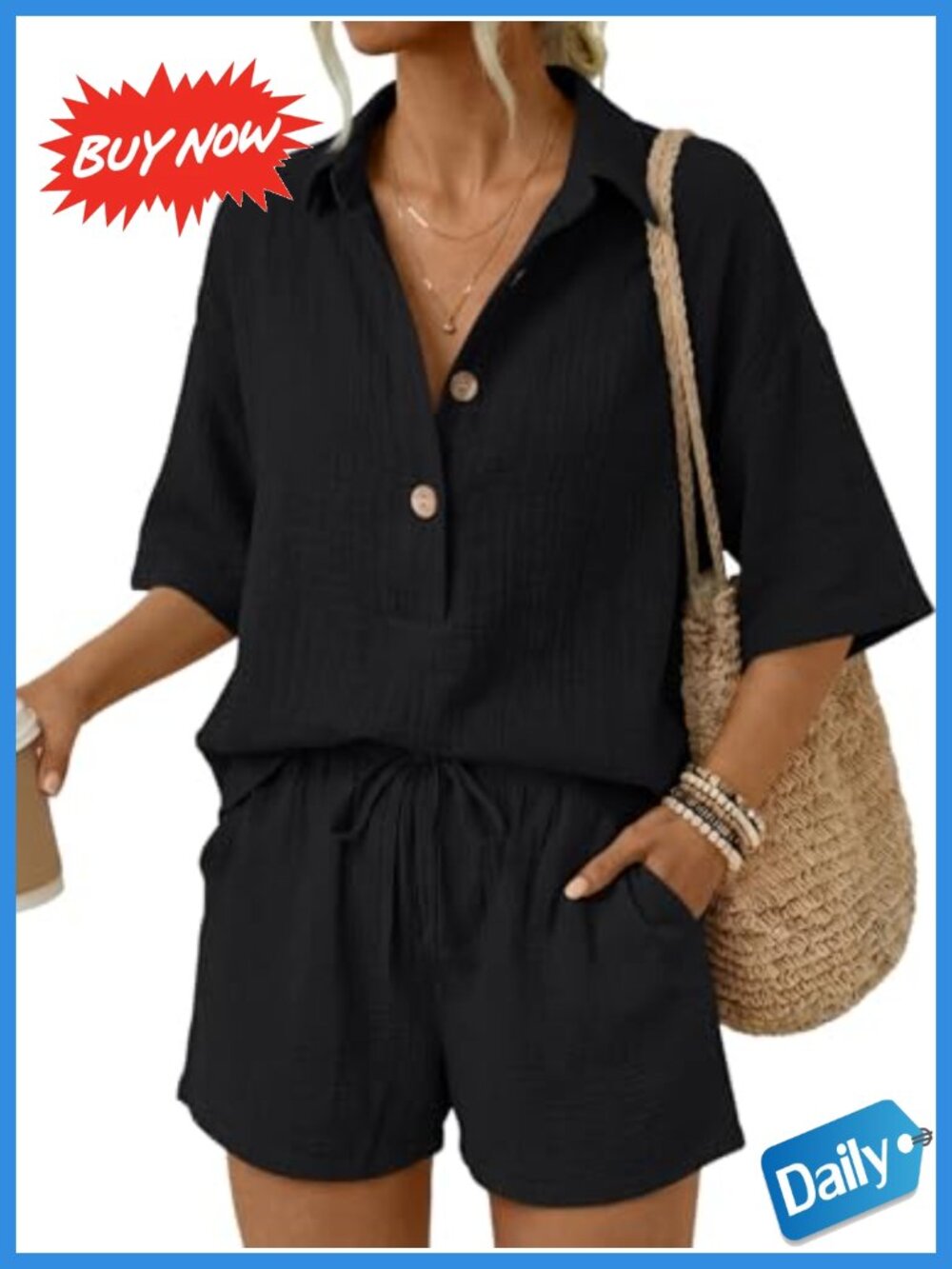 Women's 2 Piece Cotton Matching Short Set Lounge Outfit with Pockets
